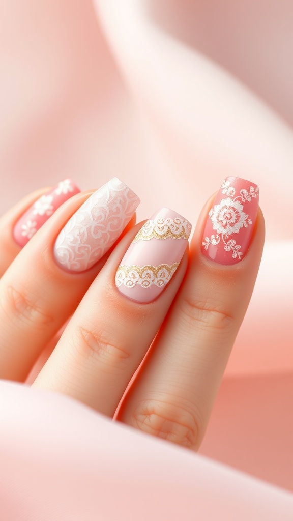 Elegant lace nail art featuring pink and white designs with gold accents.