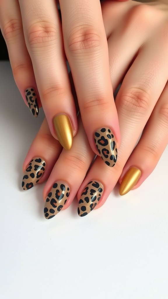 Elegant leopard nail designs featuring a mix of leopard patterns and gold accents.