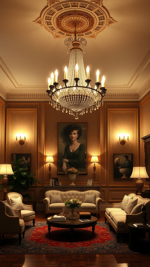 Neoclassical living room featuring elegant chandelier and stylish seating