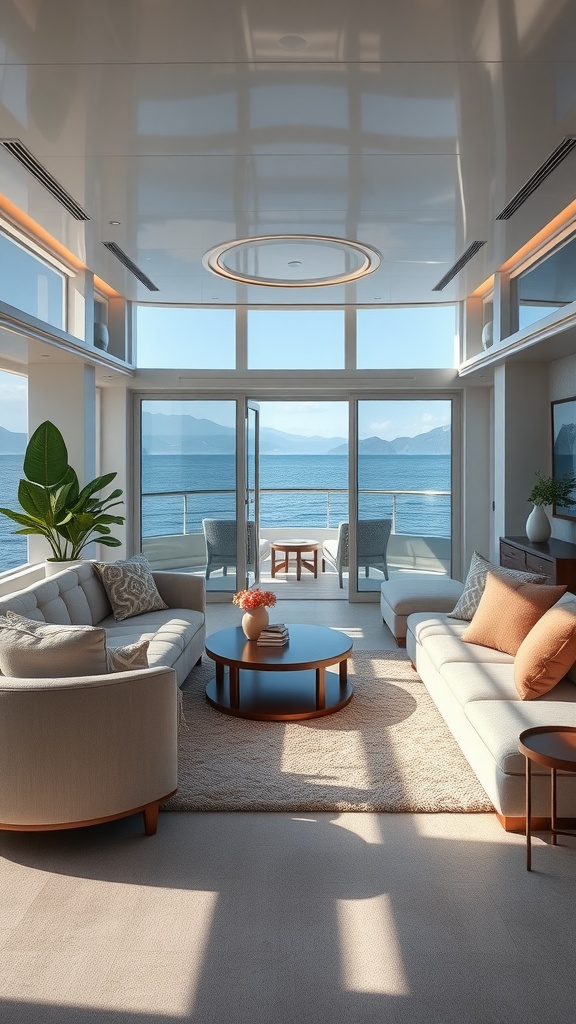 Stylish and elegant interior of a luxury yacht living space with ocean view.
