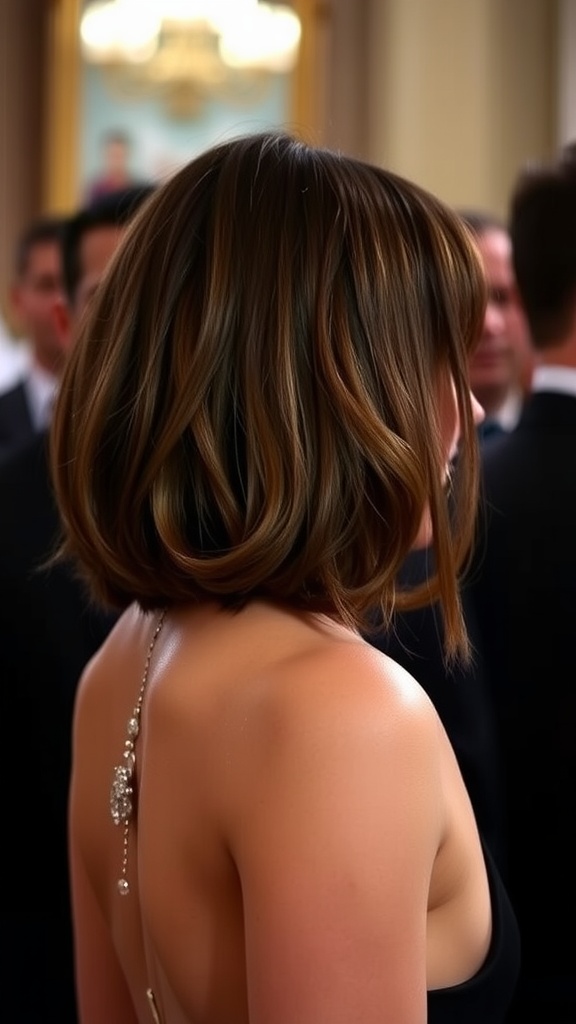 Elegant lob hairstyle with soft bangs, viewed from behind.