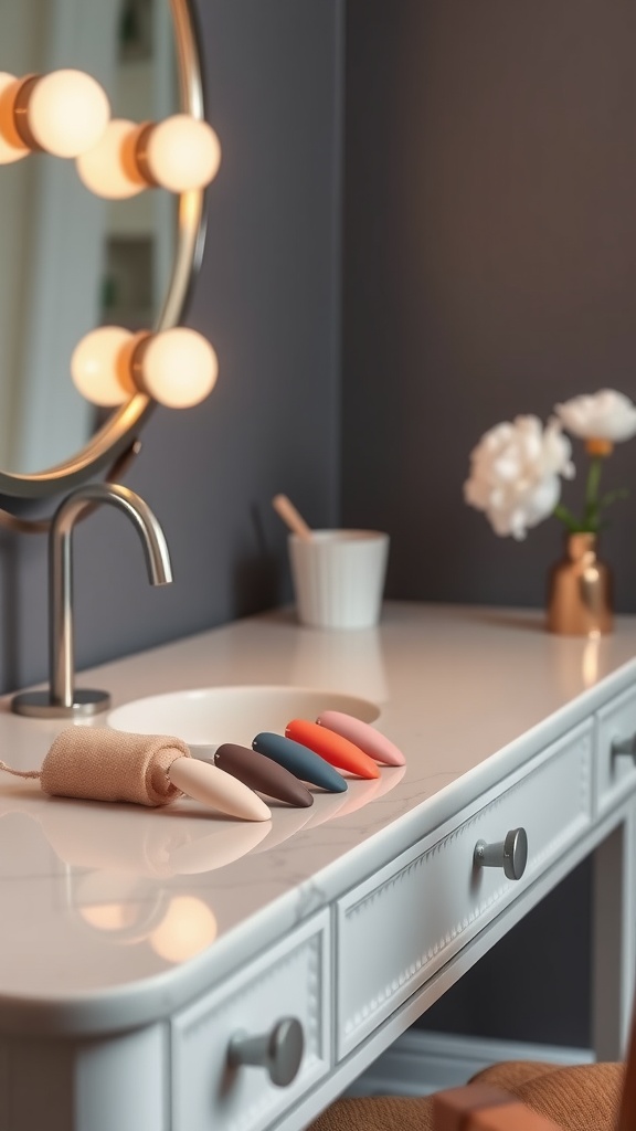 A vanity with a mirror and various matte oval nail colors displayed.