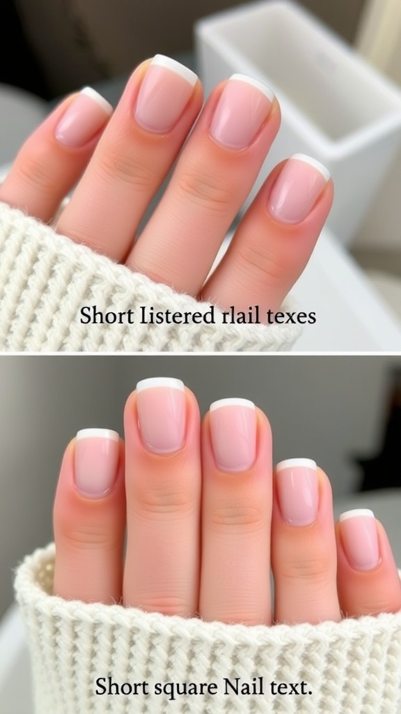 Close-up of short square nails with a natural and elegant design