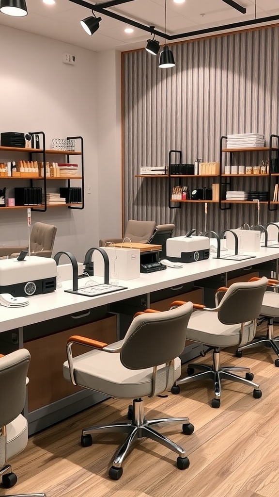 Elegant nail salon interior showcasing modern nail stations with comfortable seating and soft lighting.