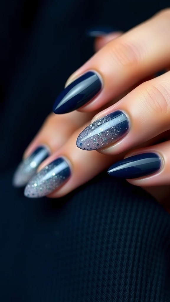 Elegant navy ombre nail design with a hint of sparkle
