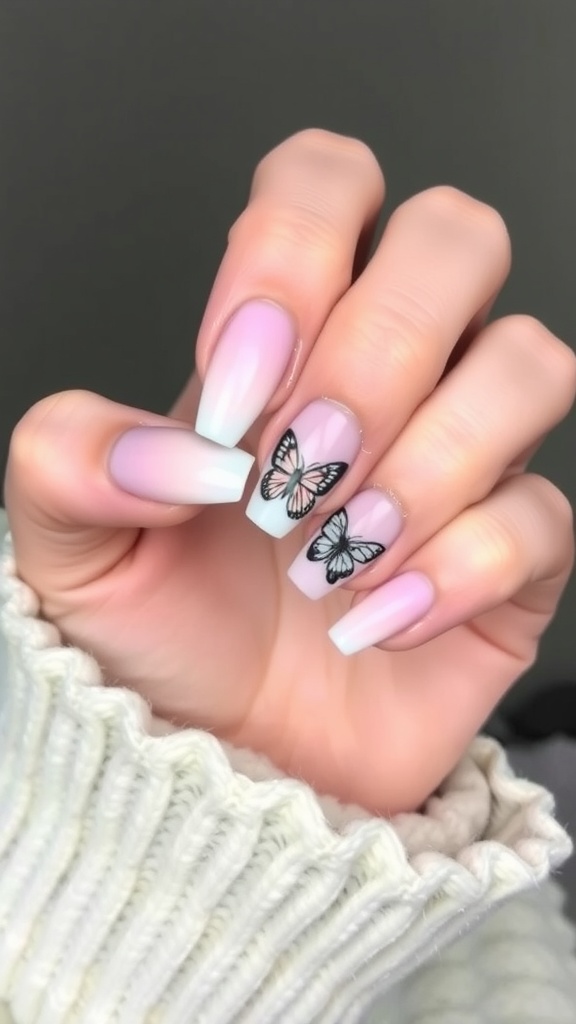 A hand with elegant ombre butterfly nails featuring a soft pink gradient and butterfly designs.