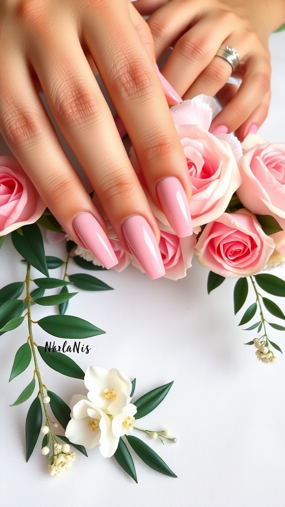 Elegant pink chrome wedding nails with roses and greenery