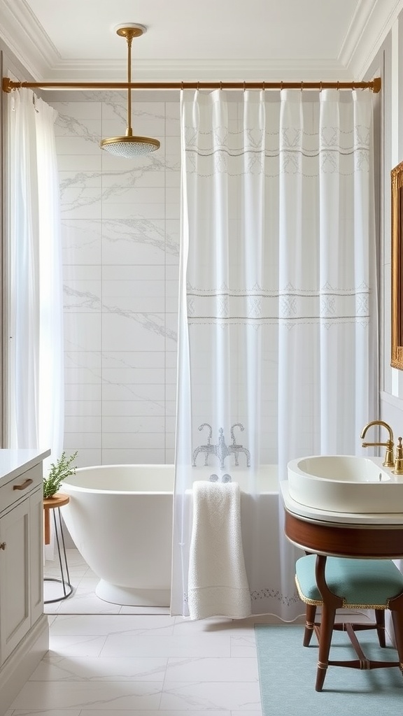 Modern bathroom featuring elegant shower curtains and a stylish bathtub.
