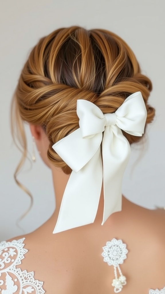 A woman with a side bow hairstyle featuring soft curls and a white satin ribbon.