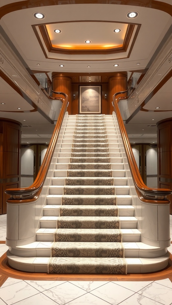A luxurious yacht staircase with polished wood accents and a plush carpet.