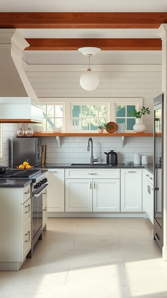 Elegant transitional kitchen with white cabinetry and wooden accents.