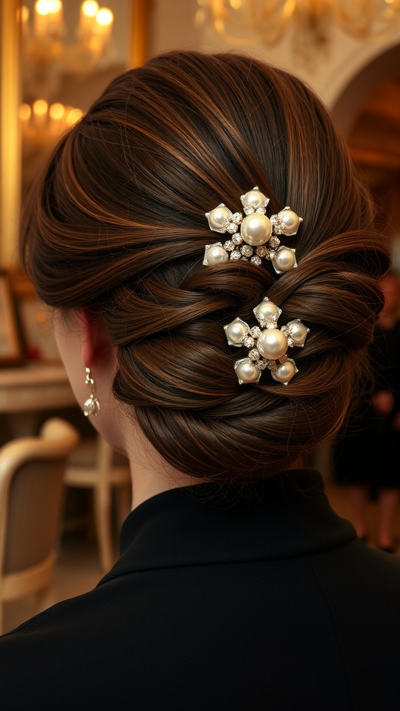 Elegant updo hairstyle featuring a pearl claw clip.