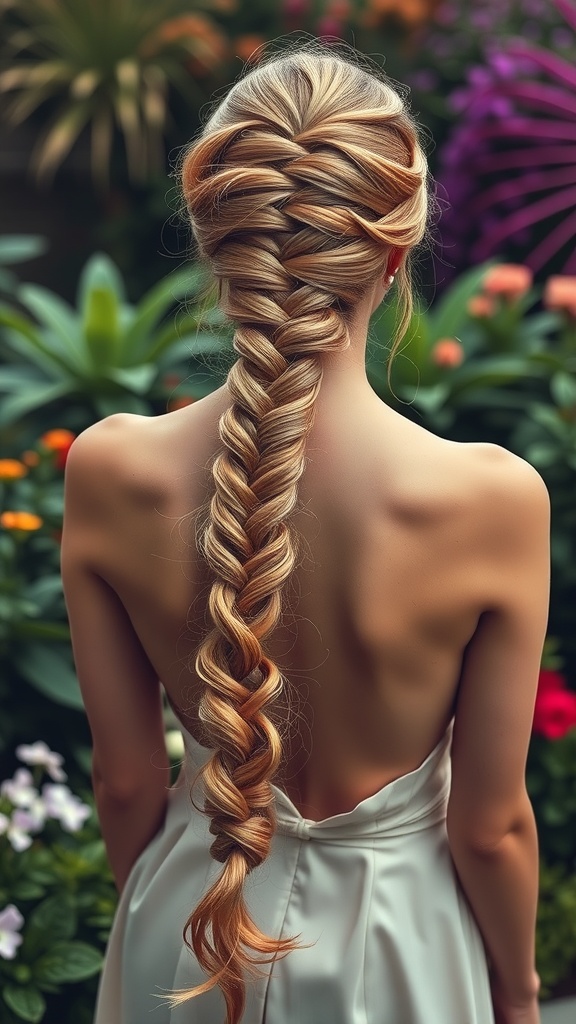 A woman with a waterfall braid hairstyle, showcasing her long hair against a colorful garden backdrop.