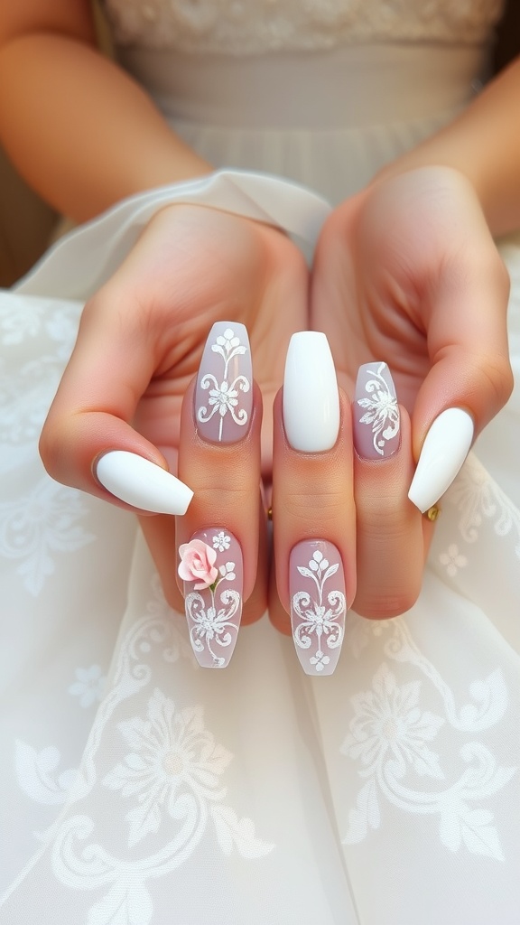 Elegant white chrome nails with floral designs and a rose accent on a wedding day.