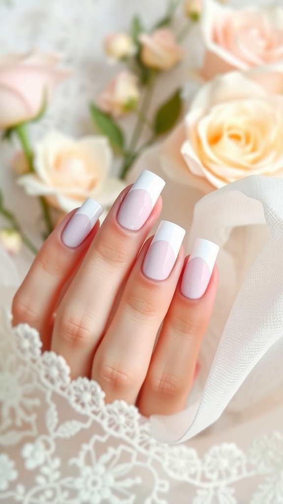 Elegant white French tip nails on a hand with roses in the background.
