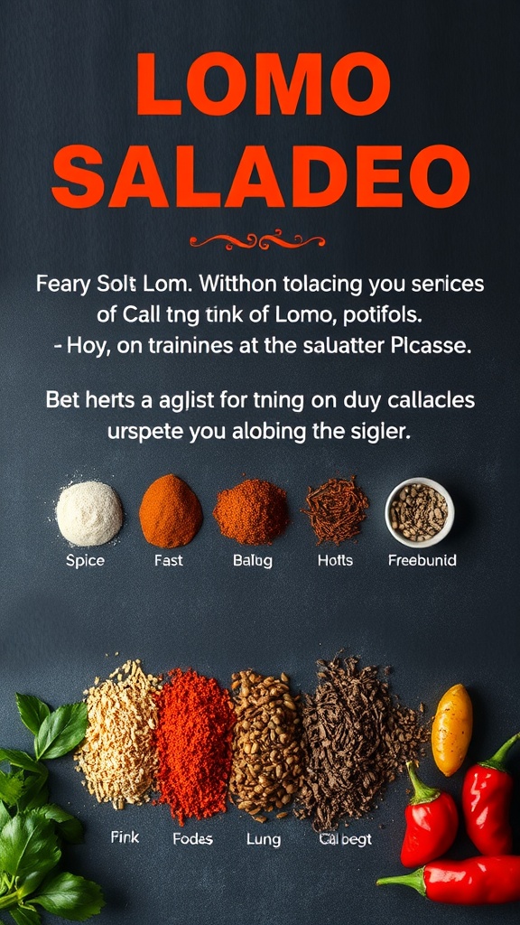 A variety of spices and fresh ingredients for a lomo saltado dish.