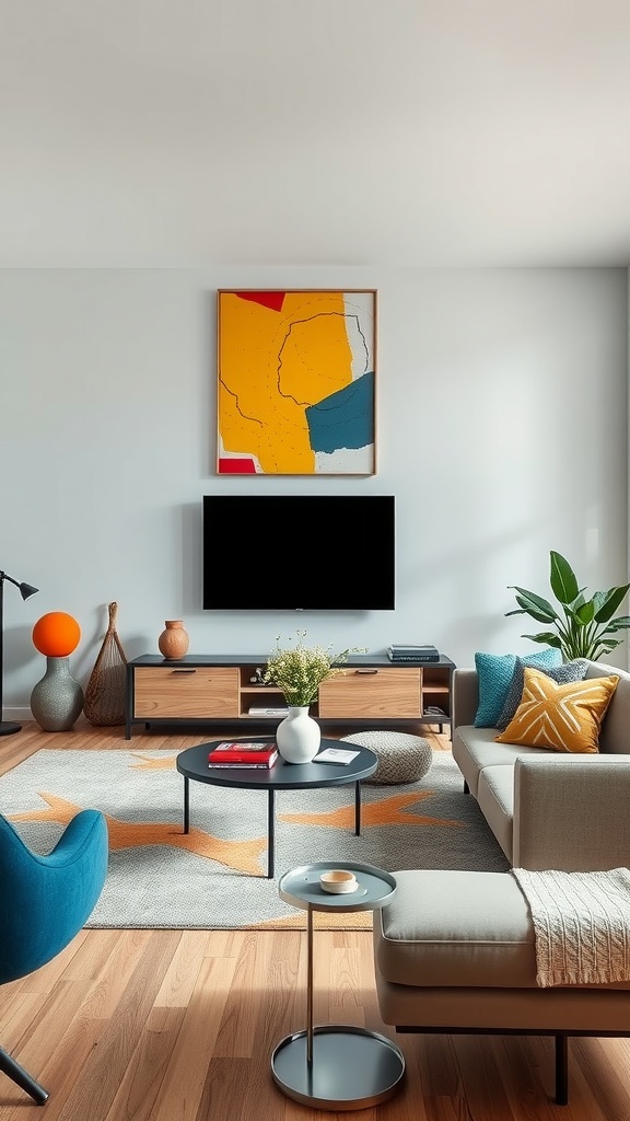 A modern living room featuring abstract art, colorful cushions, and unique furniture.