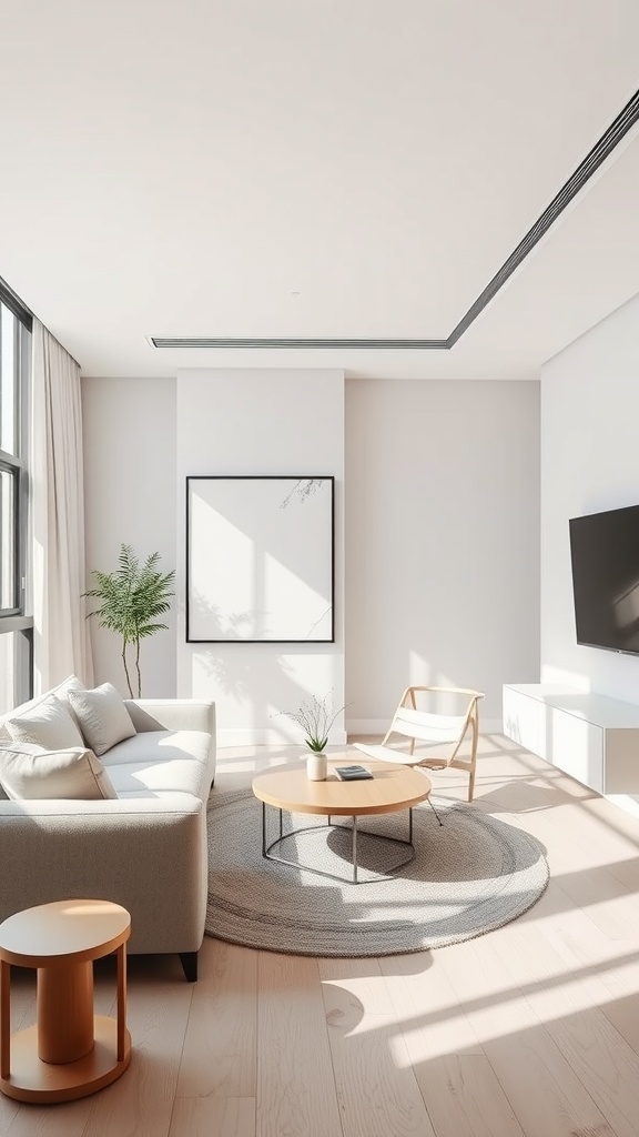 A minimalistic condo interior featuring a light color palette and simple furniture.