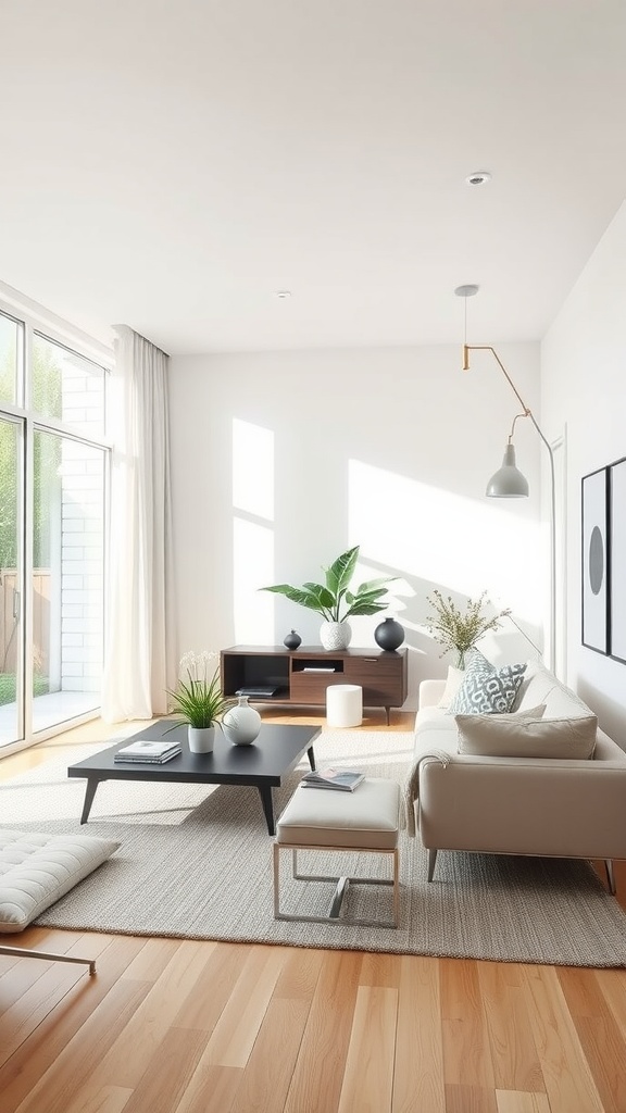 A bright and airy living room showcasing minimalist design with modern classic elements.