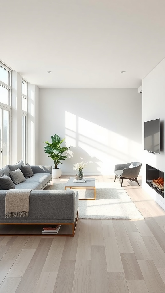A cozy living room showcasing Nordic interior design with minimal furniture and natural light.