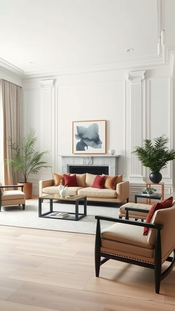 A minimalistic neoclassical living room featuring elegant furniture and decor.