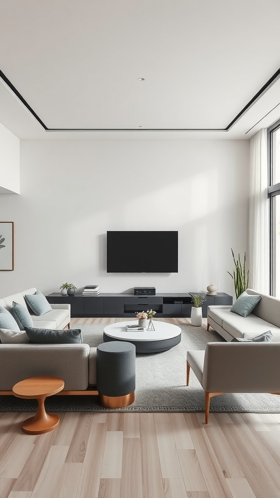 A minimalist living room featuring neutral colors, simple furniture, and ample natural light.