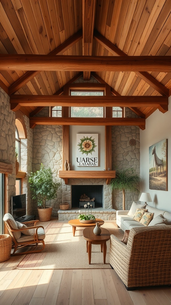 A cozy Mediterranean living room featuring wooden beams, stone walls, and natural decor.