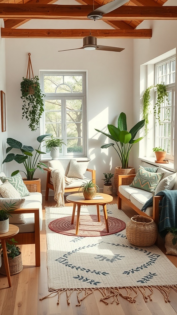 A bright and airy boho interior featuring natural wood furniture, plants, and woven textiles.