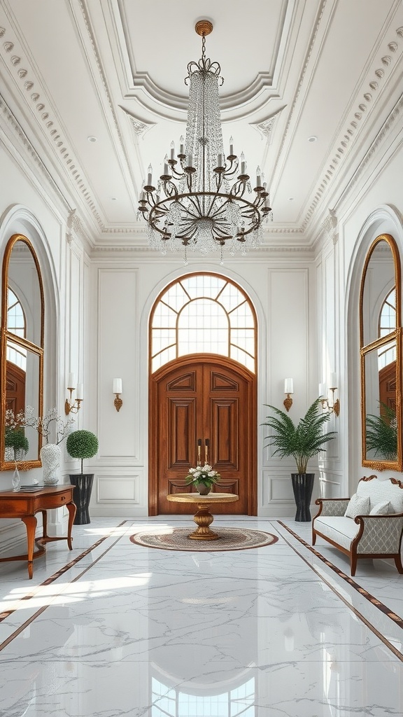 Luxurious entryway with chandelier, wooden doors, and elegant decor.