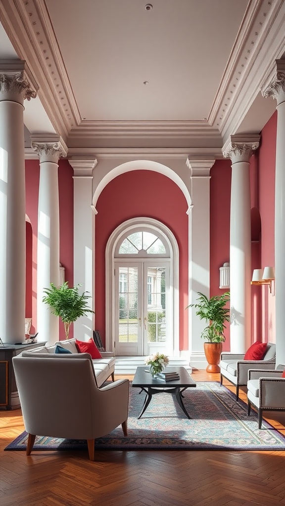 Neoclassical living room highlighting architectural elements with color.