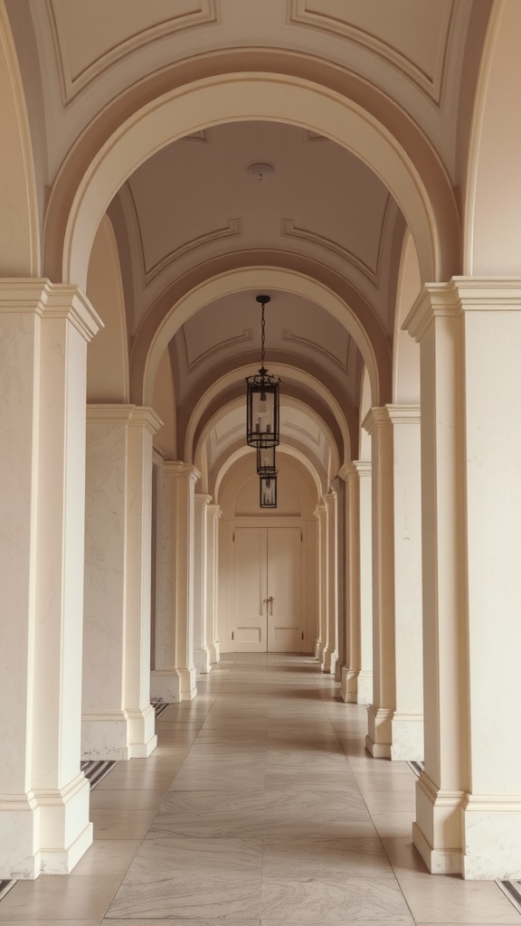Interior view of an elegant hall with arched ceilings and classic columns.