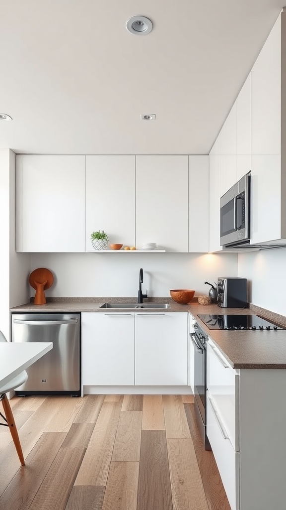 A modern kitchen showcasing clean lines with white cabinetry and wooden flooring.