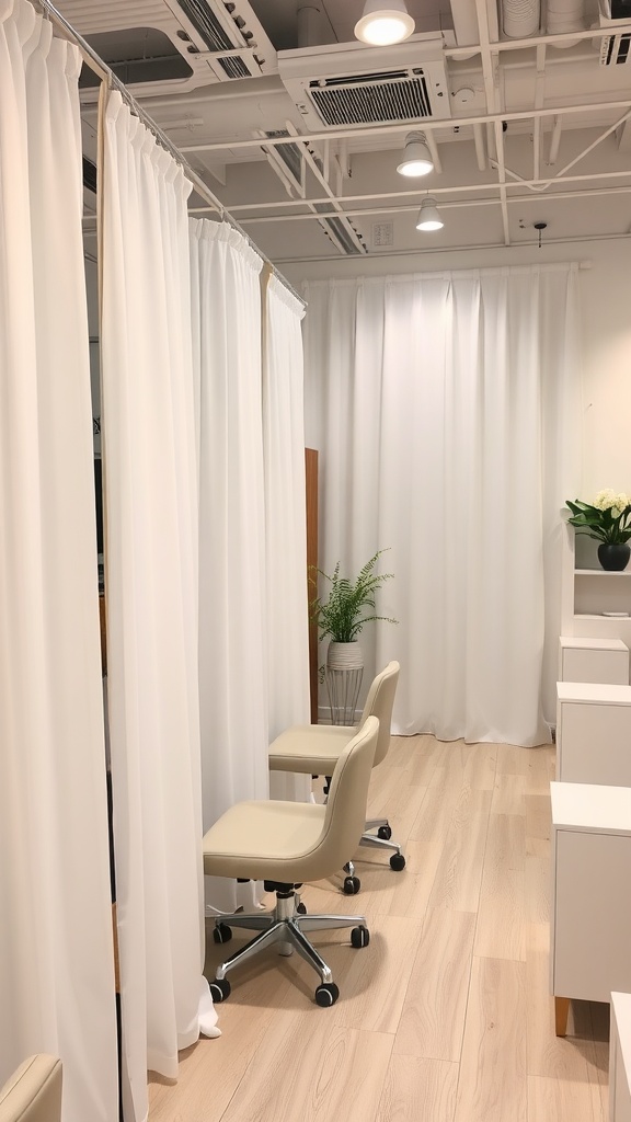 Interior view of a nail salon with curtains for privacy and stylish seating.