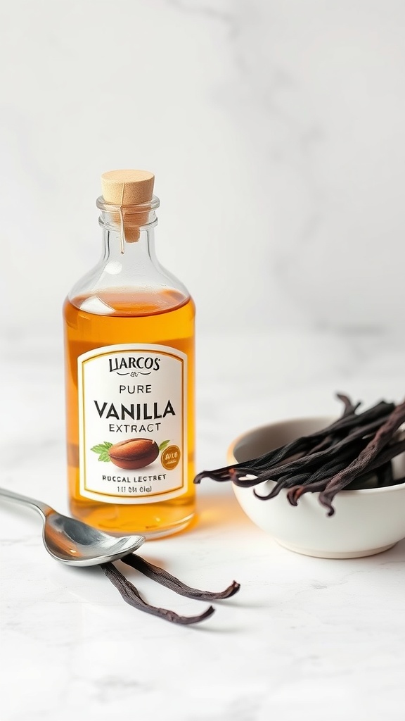 A bottle of pure vanilla extract next to vanilla pods and a spoon.