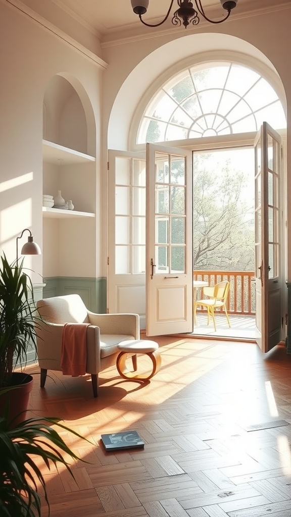 Bright interior room with open French doors leading to a balcony.