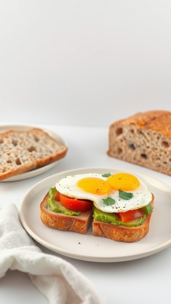 Open-faced sandwich with eggs, tomatoes, and greens on sourdough bread.