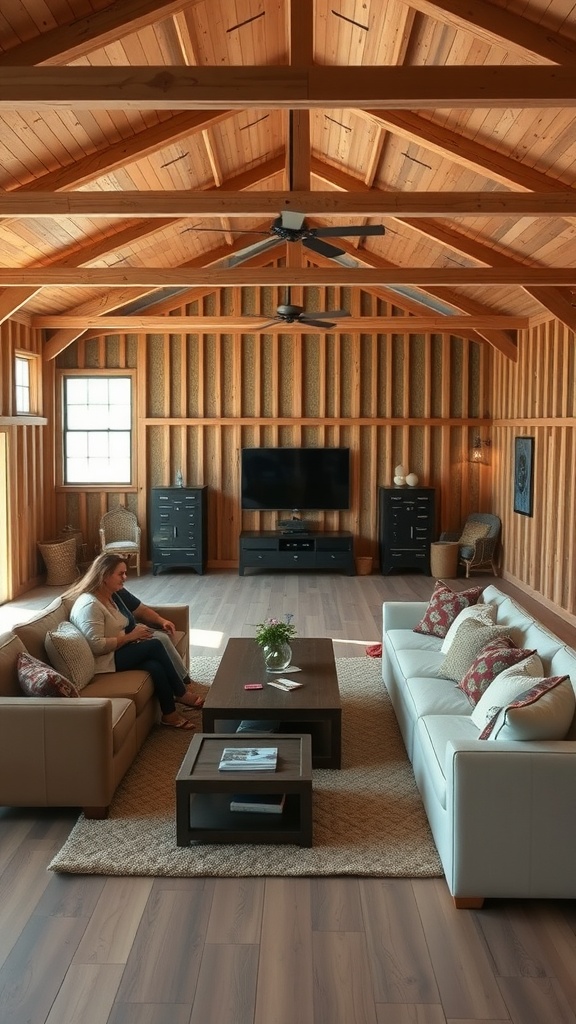 Interior view of a cozy barndominium with wooden beams and comfortable seating