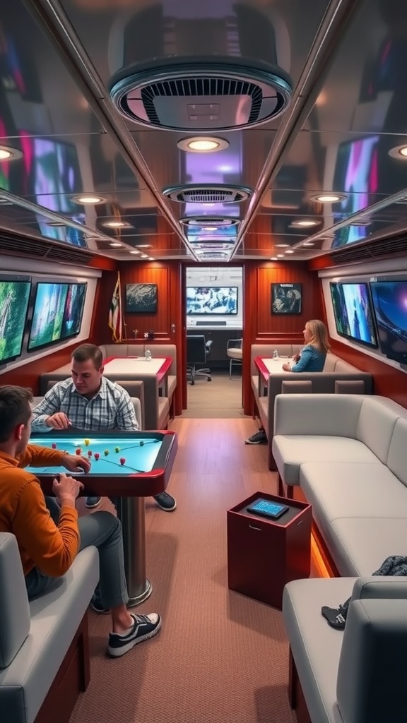 Interior of a luxury yacht featuring entertainment options like pool and screens
