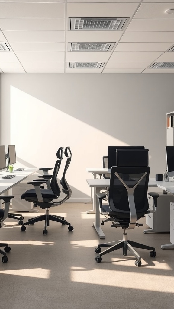 A modern office interior with ergonomic chairs and desks.
