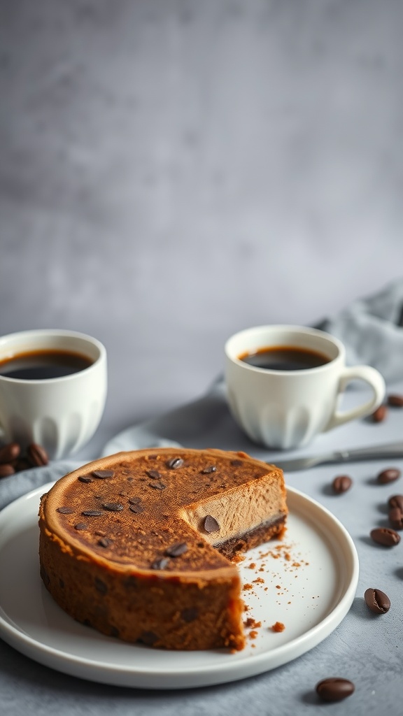 A slice of espresso keto cheesecake on a plate with coffee cups beside it.