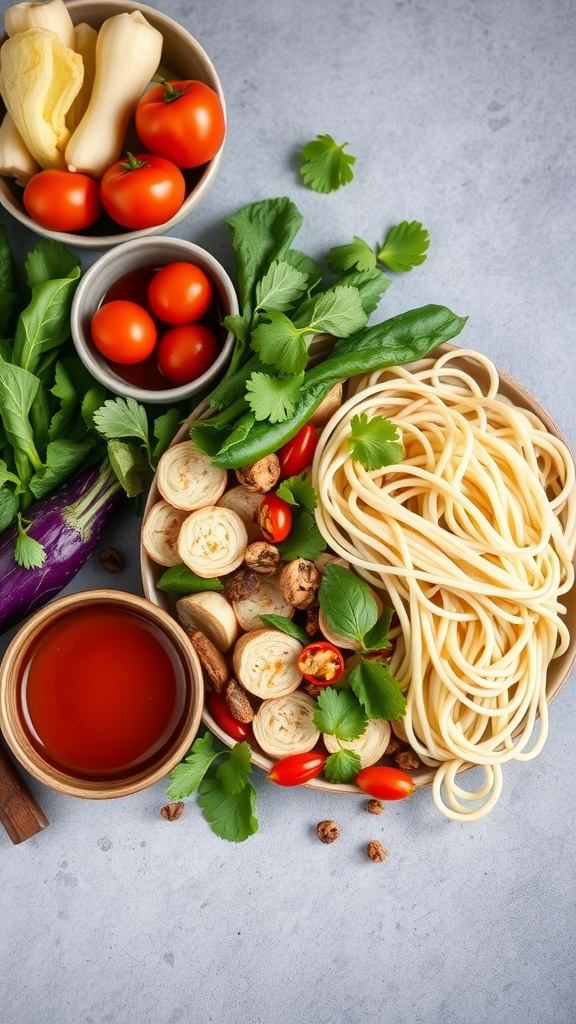 A variety of fresh ingredients for making Hakka noodles, including vegetables, sauces, and noodles.