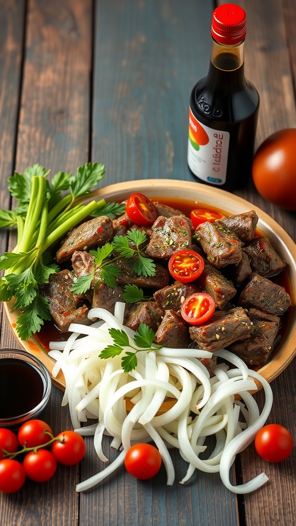 A bowl of beef stir-fry with vegetables and fresh herbs, typical of Lomo Saltado.