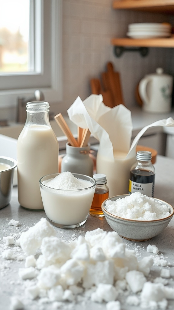 Ingredients and setup for making snow ice cream including milk, sugar, and snow.