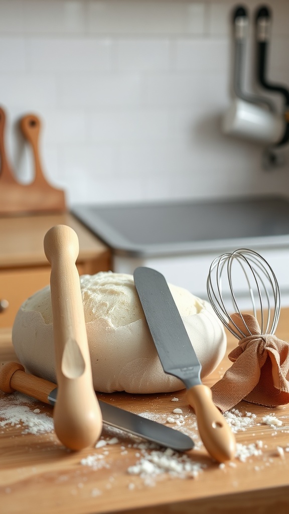 Essential tools for sourdough baking including mixing bowls, a bench scraper, and a bread knife on a wooden surface.