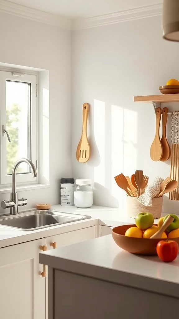 A bright kitchen with wooden utensils and fresh fruits, designed for safety and accessibility for babies.