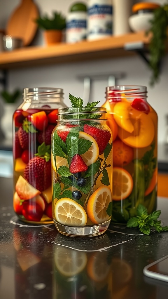 A selection of infused fruit drinks with vibrant colors and garnishes.