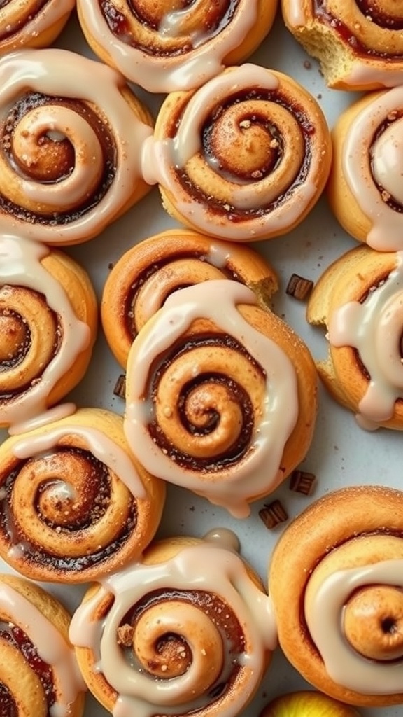 Keto cinnamon rolls with icing on top, showcasing their swirled texture.
