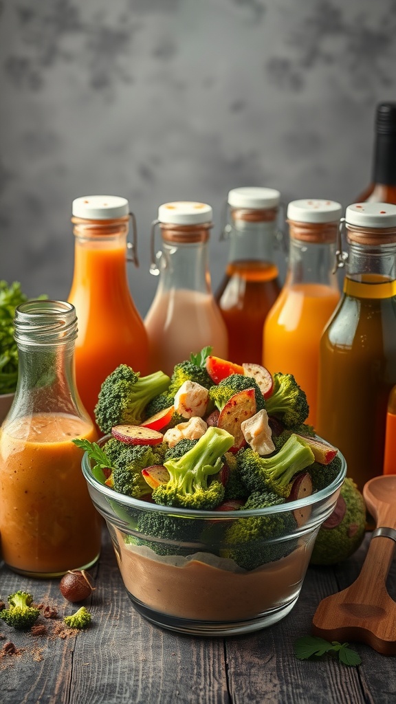 Broccoli salad with colorful toppings and variety of dressings
