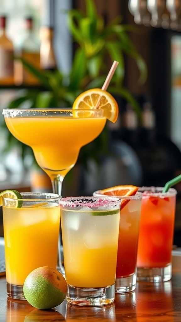 A selection of colorful margaritas with garnishes