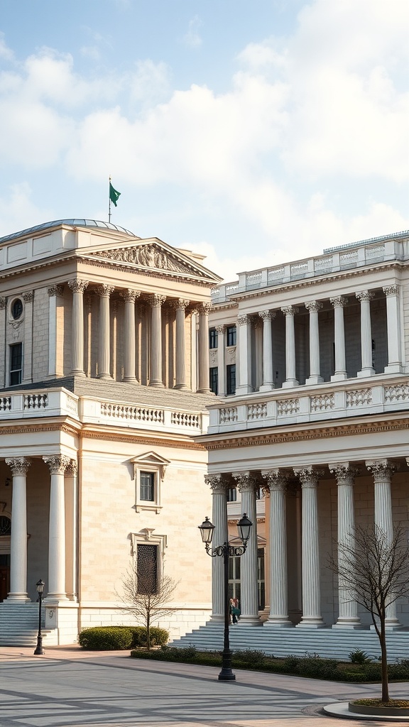 A view of neoclassical buildings showcasing grand columns and detailed facades.